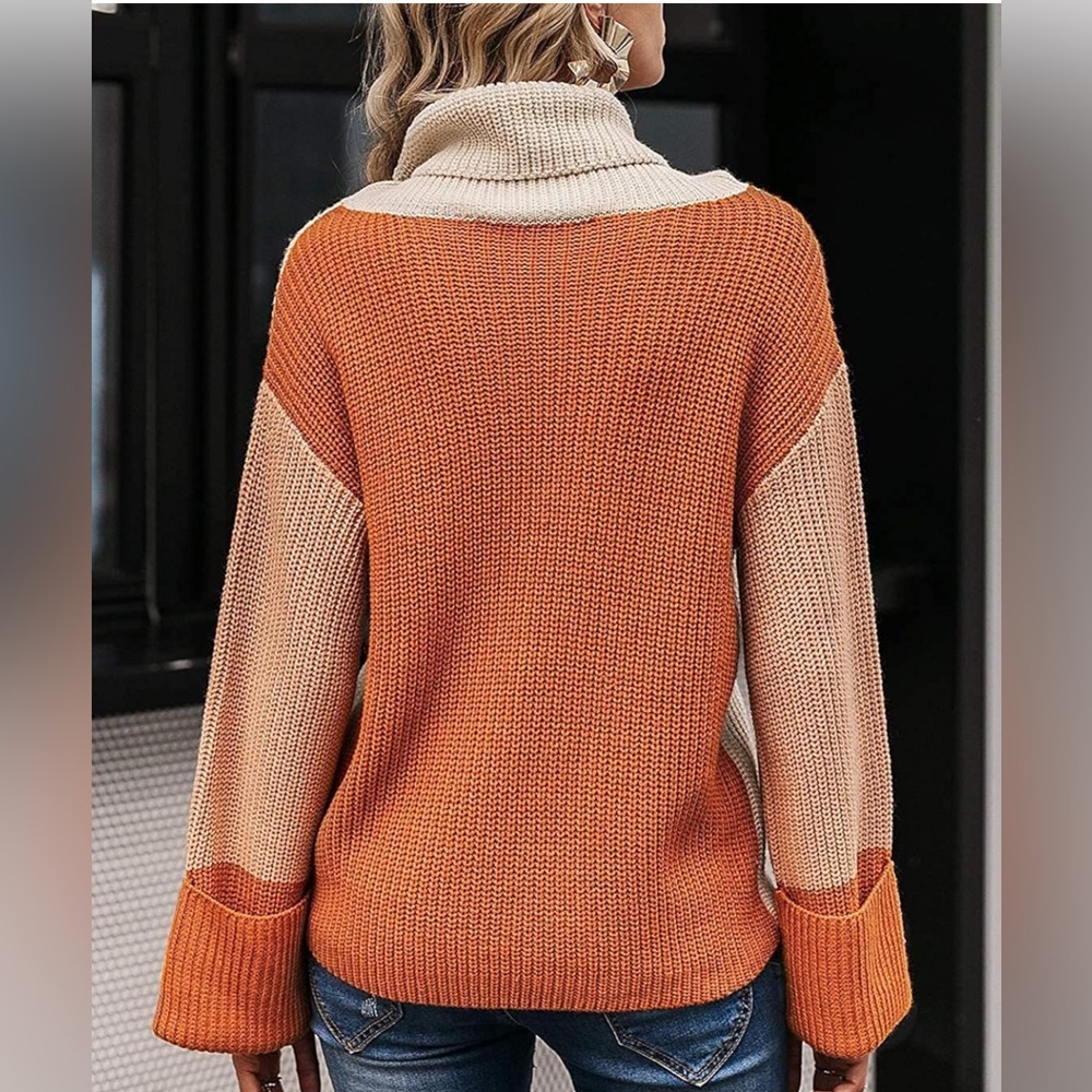 Simplee Apparel Cream and Orange Cowl Neck Sweater - Picture 2 of 7